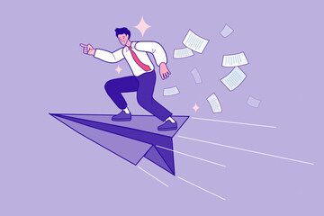 A confident businessman flies on a giant paper airplane pointing forward. This startup concept illustrates leadership vision, fast career progress, and launching a creative business idea.