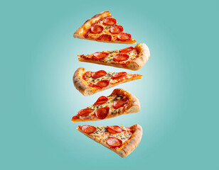 Floating Pepperoni Pizza Slices on Turquoise Background