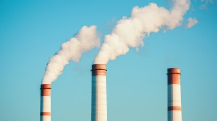 Three industrial smokestacks emitting white smoke against a clear blue sky