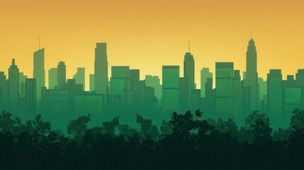 City skyline silhouette with dense trees in foreground against a warm gradient sky