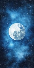 Full moon glowing brightly against a dark blue watercolor sky filled with stars