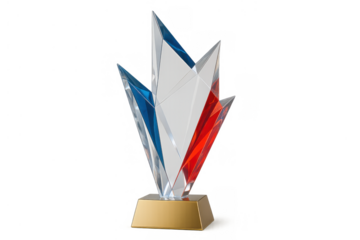 Crystal award with blue, white, red accents on golden base representing victory, success, and achievement, transparent background