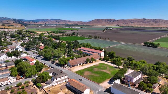 Mission San Juan Bautista aerial view at 406 2nd Street in historic town center of San Juan Bautista, San Benito County, California CA, USA. 