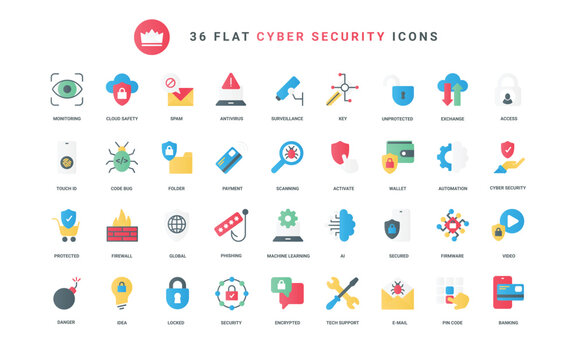 Cyber security trendy flat icons set. Data safety, secure access technology, AI, machine learning for global antivirus protection of information, wallet, and code vector illustration