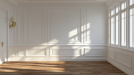 A bright empty room interior, classic design with sunlight streaming through a window. The room features intricate wall paneling and a wooden floor, creating an elegant atmosphere.