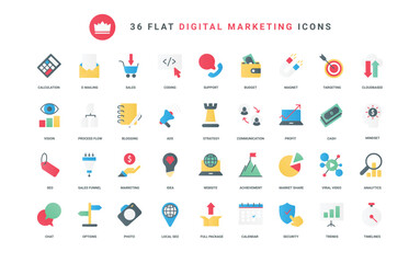 Digital marketing strategy vector trendy flat icons of business vision, internet network advertising with megaphone and viral video, blog analytics, security, and sales funnel.