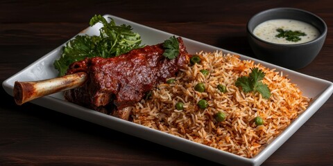 Braised lamb shank in rich sauce served with seasoned rice and green peas garnished with cilantro