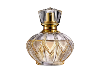 the bottle of perfume is made of golden metal and glass, which has an elegant design. the overall shape resembles the surface of a diamond or gemstone, giving it a high-end quality. it is surrounded b