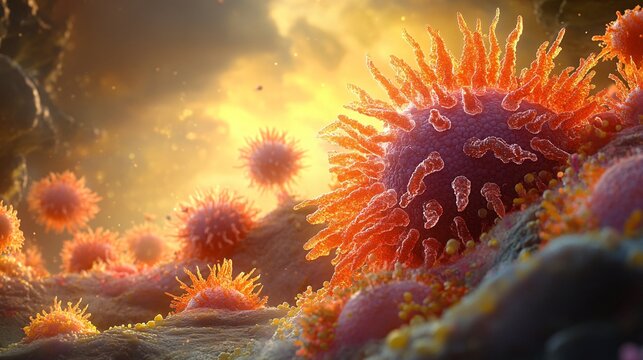 A microscopic view showcasing pathogens with intricate structures and vibrant colors. The image emphasizes the complexity and potential danger of these organisms within a biological system.