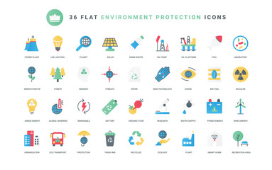 Recycle technology for eco factory, water pollution with oil platform and pump, alternative energy and bio fuel. Ecology, environment protection trendy flat icons set vector illustration