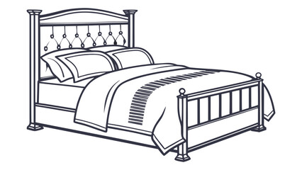 Classic double bed line art with tufted headboard and decorative frame, an elegant furniture illustration for bedroom design and home interior projects