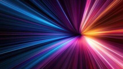 Abstract light trails diverging from a central point in vibrant blue purple and orange hues