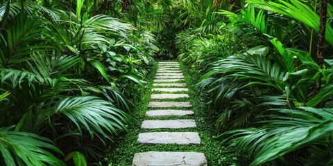 A stone pathway winds through a dense lush green tropical jungle with large palm leaves