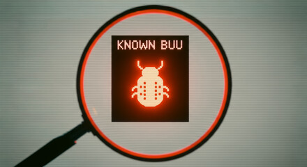 An illustrative view of a bug symbol is magnified, highlighting digital vulnerability within a technological framework.