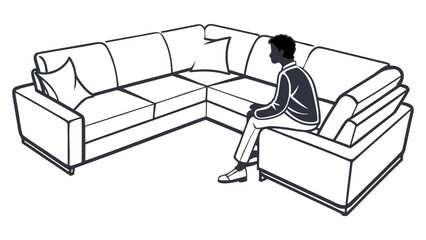 Stylized illustration of a person relaxing on a contemporary L-shaped sectional sofa, perfect for interior design concepts and comfortable home living spaces