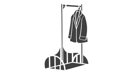 Black and white illustration of a coat hanging on a rack, symbolizing fashion and style