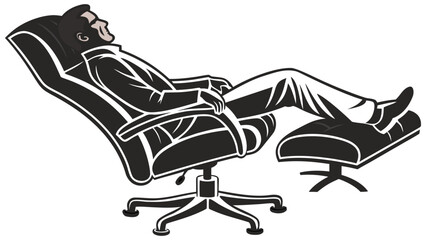 Relaxed professional taking a well-deserved break, comfortably seated in a plush ergonomic office recliner with his feet up, embodying work-life balance and tranquility
