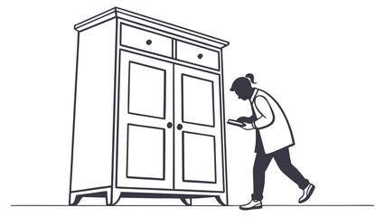 Hand-drawn illustration depicting a woman meticulously examining a classic wooden wardrobe, symbolizing attention to detail in furniture care or home maintenance