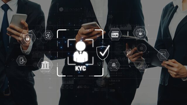 Visual representation of the KYC process in financial environments, spotlighting technology role in ensuring security, identity verification, and compliance in business. Raster