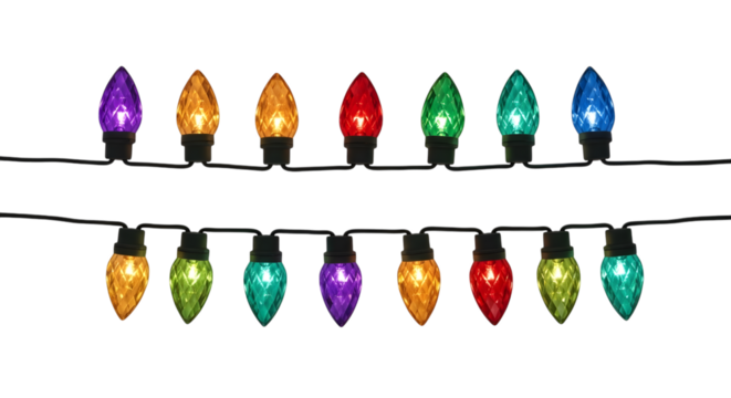 String of C7 Christmas Lights in Various Colors Illuminated isolated on a transparent background string lights - Powered by Adobe