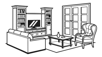 Detailed line drawing of a home living room furniture set. Includes sofa, armchair, coffee table, and entertainment unit in a cozy interior setting