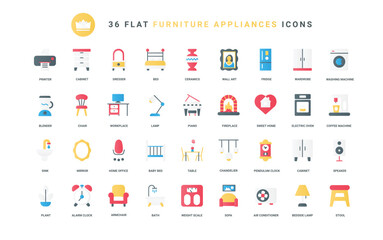 Coffee and washing machine, chair and table for workplace. Home furniture, kitchen electric appliances, domestic equipment and modern household devices trendy flat icons set vector illustration