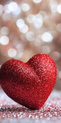 A sparkling red glitter heart rests on a shimmering surface with a soft bokeh background