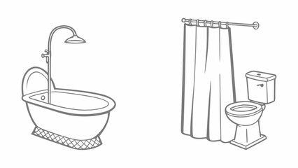 Elegant Bathroom Fixtures Bathtub and Toilet Line Art Illustration