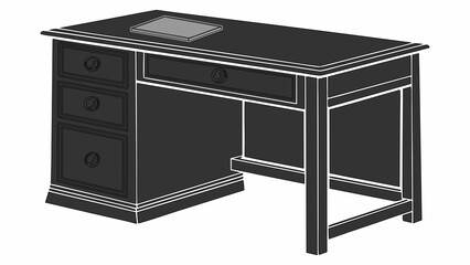 Monochrome vector illustration of a classic wooden executive office desk with multiple drawers, isolated on a white background for furniture design