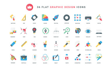 Fototapeta premium Software and tools to visualize designers portfolio and creative ideas and projects, ruler and magic brush, scissors crop size and pen. Graphic design trendy flat icons set vector illustration