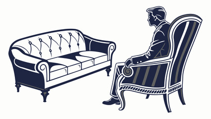 Elegant vintage illustration of a man in an armchair opposite an empty sofa, representing therapy or a deep conversation