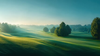 Serene Morning Landscape Over Lush Green Golf Course with Misty Trees and Gentle Light in the Early Hours of Daybreak