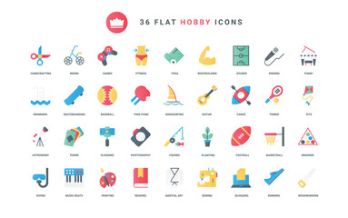 Fototapeta premium Outdoor and indoor leisure fun activity for weekend with arts and music, photography and online video game, sport and yoga, handcrafting. Hobby trendy flat icons set vector illustration