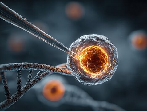 glowing orange biological cell attached to a detailed DNA strand