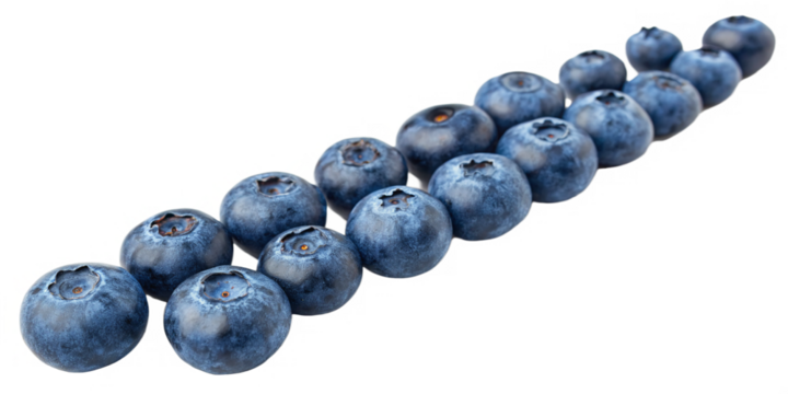 diagonal line of fresh blueberries isolated on transparent background