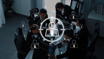 A dynamic business meeting shows a diverse team engaged in collaboration with digital networking graphics. Professionals share innovative ideas in a modern office setting. Raster