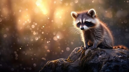 Obraz premium Adorable baby raccoon in sunlit forest with golden bokeh