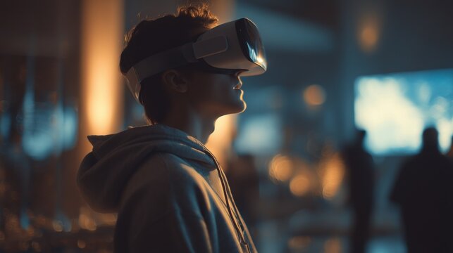 A young boy wearing a virtual reality headset stands in a softly lit room, immersed in a digital experience. Around the boy, people engage with advanced technology and various disp