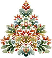 Watercolor illustration of a Christmas folk-style tree motif on a white background. Hand-painted decorative element perfect for holiday cards, festive design, craft projects, and seasonal decor.