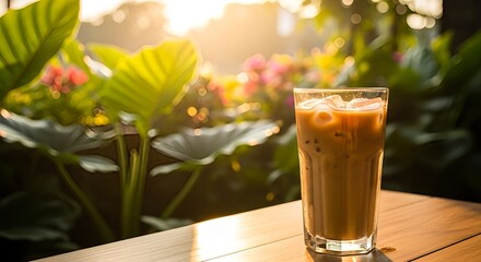 A tall glass of iced coffee with milk and ice cubes on a sunlit wooden table, surrounded by a tropical green and floral garden backdrop.