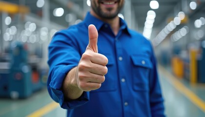 Worker shows thumbs up in a manufacturing plant. Engineer in blue uniform approves job. Production worker makes ok sign. Employee shows satisfaction in factory hall for great service quality.