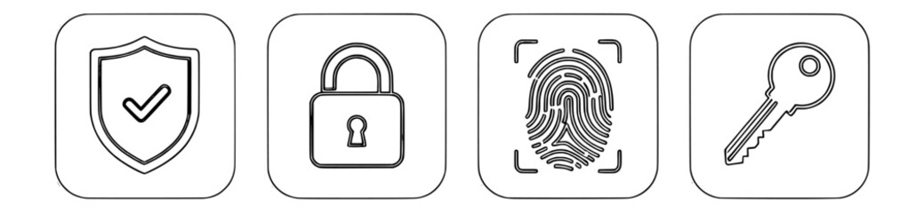 Vecter icons for security measures and authentication methods for data protection and access control systems including protection shield, lock, scanning fingerprint and unlock key.