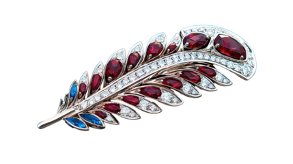 Elegant luxury brooch jewelry in feather shape with ruby and diamond. stunning fashion accessory