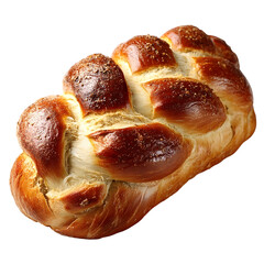 A golden brown freshly baked challah bread loaf meticulously braided and presented on a clean white background