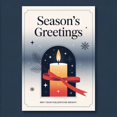 Elegant Season's Greetings Card with Lit Candle, Red Ribbon, Sno