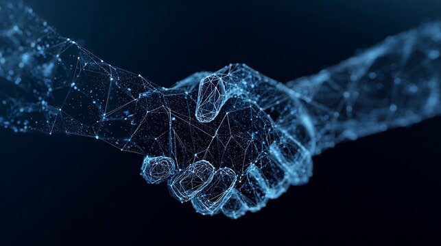 Digital Handshake Wireframe. Low Poly Partnership and Business Agreement Concept on Dark Background.