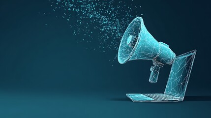 Digital Marketing concept: Futuristic wireframe megaphone launching from laptop. Online promotion and social media broadcast.