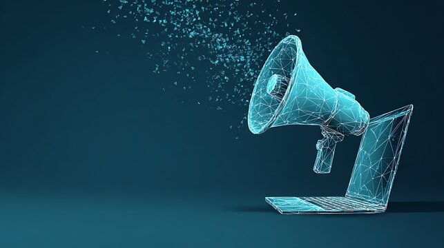 Digital Marketing concept: Futuristic wireframe megaphone launching from laptop. Online promotion and social media broadcast.