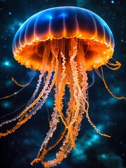 Bioluminescent jellyfish floating in urban waters with glowing cityscape background