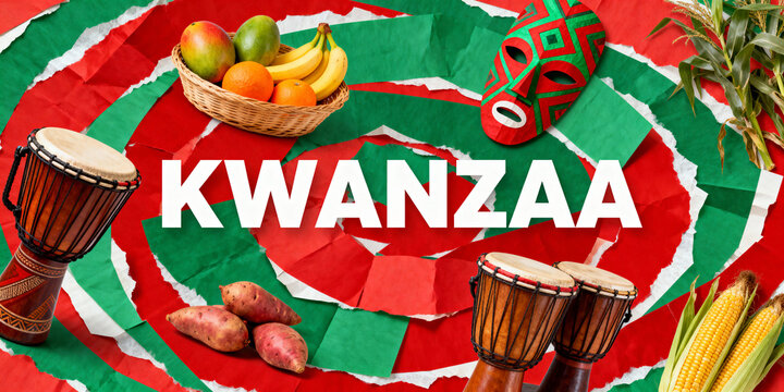 Kwanzaa celebration concept with traditional symbols. Flat lay collage of African drums, a mask, harvest fruit, and corn on a red and green background